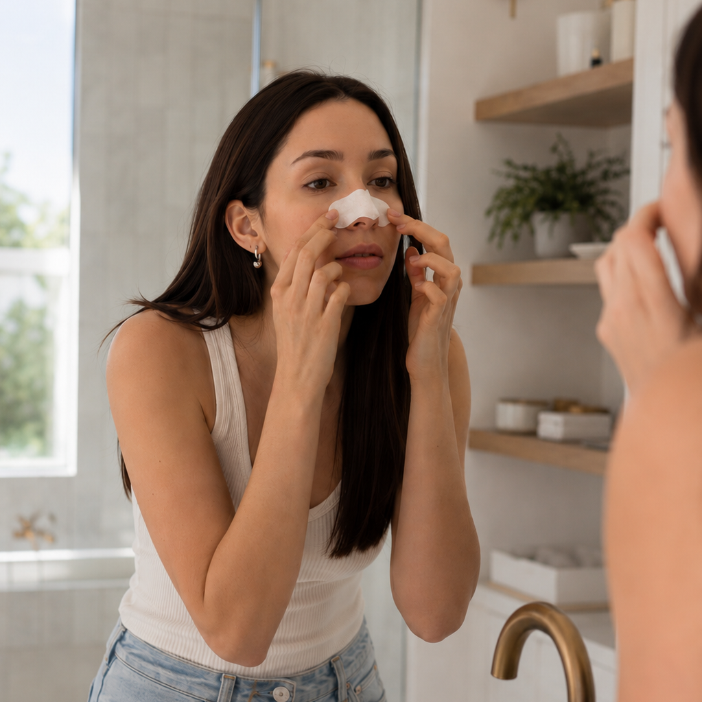 A woman in a white tank top and light blue jeans stands in a bright bathroom, applying white foam to her nose while looking into a mirror.